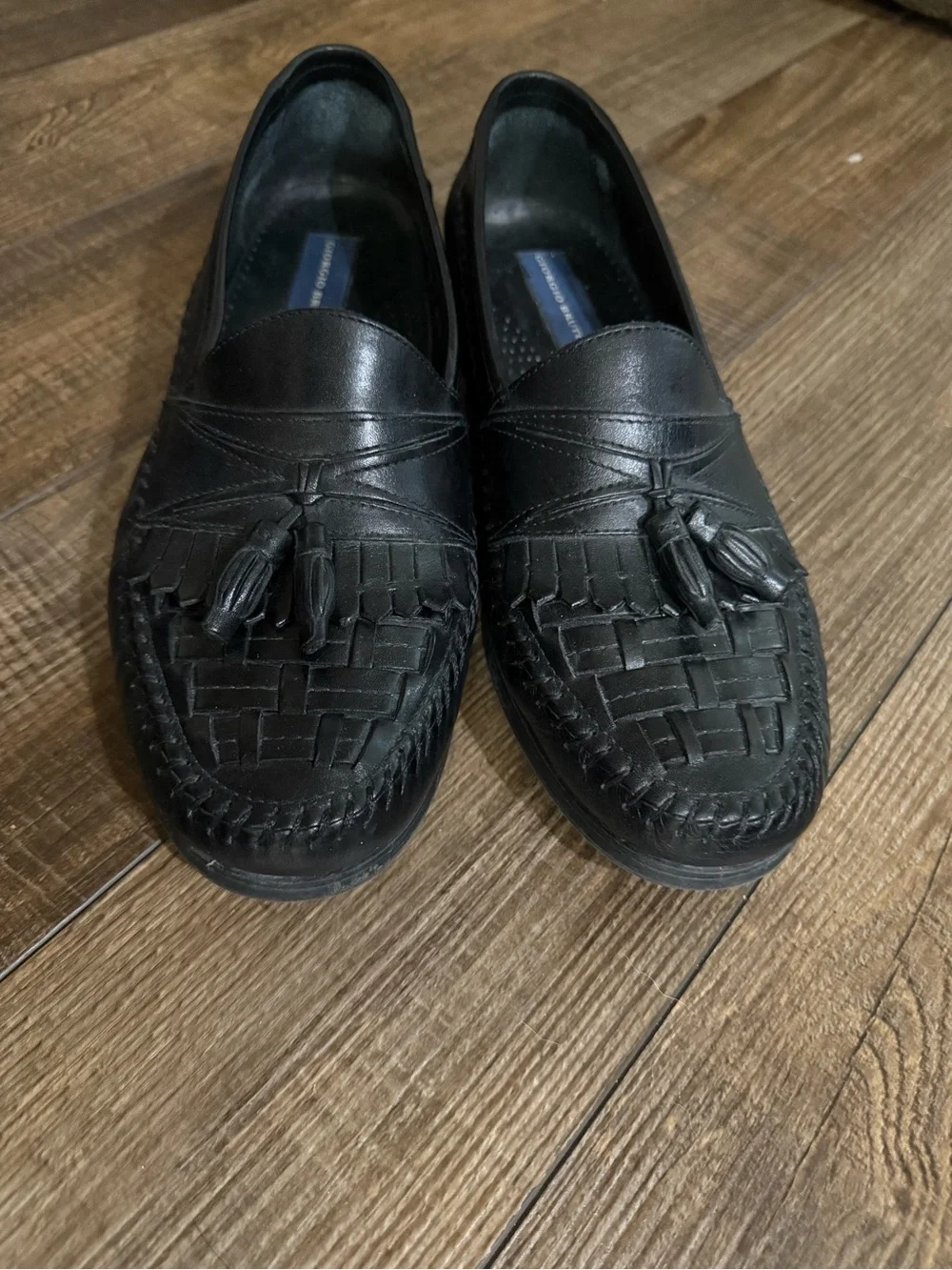 Giorgio Brutini Black Leather Tassel Woven Slip-On Loafers